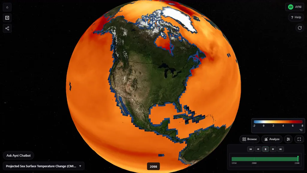 AYNI XR globe in the browser showing projected sea surface temperature for 2098